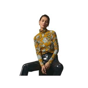 Maeve Anthropologie Mock Neck Top Pullover Size M Dark Mustard Floral Knit